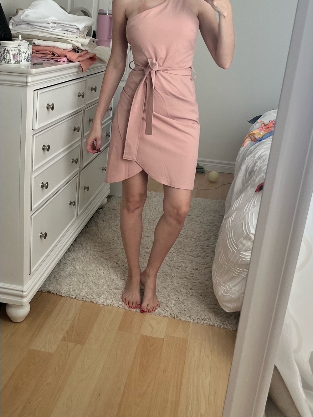 Asymmetric One-Shoulder Tie-Waist Dress in Blush Pink